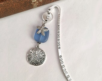 Personalized Sea Glass Beach Mini Bookmark Choose Initial Silver Plated Sand Dollar Book Lover Teacher Gift