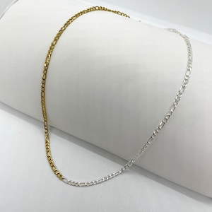 Two Tone Chain Necklace Half Silver Plated Half Gold Plated Dainty Tarnish Resistant Stainless Steel Figaro 17.5” Layering Chain
