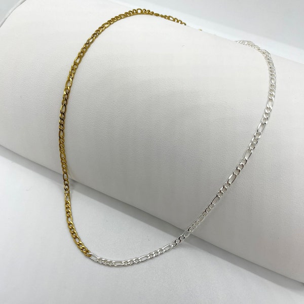 Two Tone Mixed Metal Half Silver Tone Gold Tone Dainty Figaro Chain Necklace Tarnish Resistant Stainless Steel Layering 17.5"