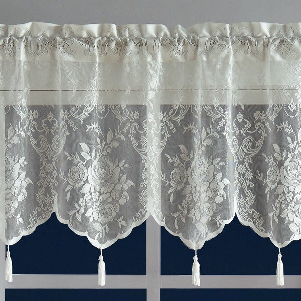 Farmhouse Lace Kitchen Valance with 6 Tassels in 2 Colors. 54 (W) x 22 (L) Size. English Rose Patterned Café Tiers for Kitchen, Dining Room