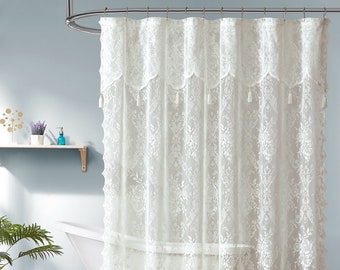 Lace Shower Curtain with Attached Valance & Tassels in 6 Colors and 4 Sizes: Standard, Long, Extra Wide Shower Curtain, Stall Shower Curtain