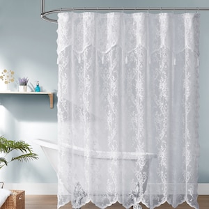 Lace Shower Curtain with Attached Valance & Tassels in 6 Colors and 4 Sizes: Standard, Long, Extra Wide Shower Curtain, Stall Shower Curtain White
