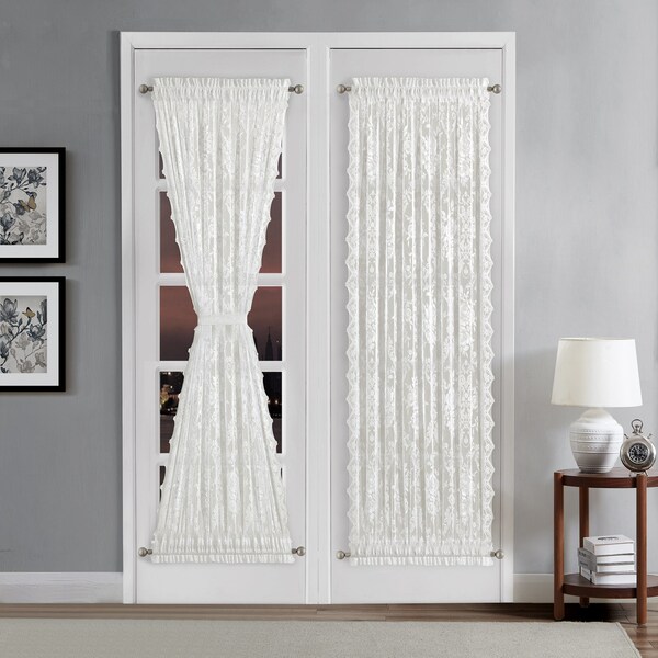 Elegant Lace French Door Curtains in 30 x 72 and 52 x 72 Sizes. English Rose Design Sidelight Curtains with 2 Free Tiebacks in 3 Colors