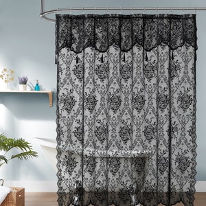 Lace Shower Curtain with Attached Valance & Tassels in 6 Colors and 4 Sizes: Standard, Long, Extra Wide Shower Curtain, Stall Shower Curtain Black