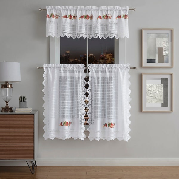 3 Piece Lace Cafe Curtains Set Includes 2 36 Inch Tier Curtains and 1 Farmhouse Valance. Great Thanksgiving Kitchen Curtains & Valance Set
