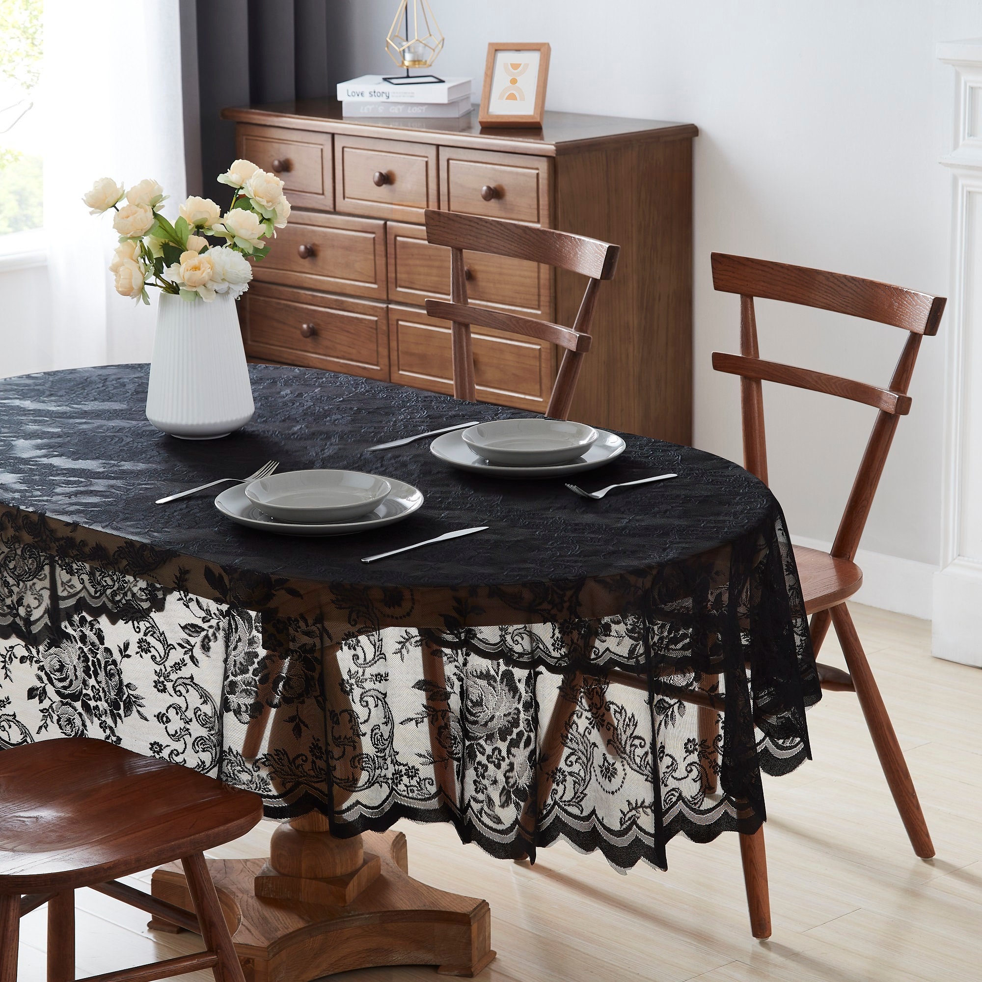 Oval Lace Tablecloth in Black Ivory Linen & White Colors. Etsy