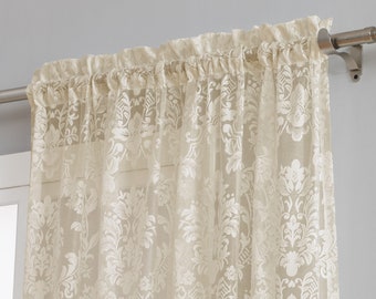 Pair of 2 Knitted Lace Curtains with Elegant Damask Pattern. Each Lace Curtain Panel is 63, 84 or 96 Inches. Sheer Curtains in 3 Colors