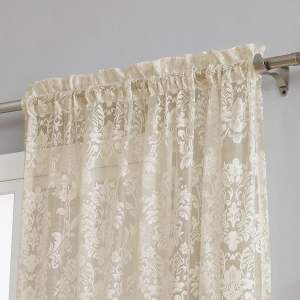 Pair of 2 Knitted Lace Curtains with Elegant Damask Pattern. Each Lace Curtain Panel is 63, 84 or 96 Inches. Sheer Curtains in 3 Colors