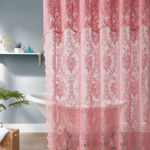 Lace Shower Curtain with Attached Valance & Tassels in 6 Colors and 4 Sizes: Standard, Long, Extra Wide Shower Curtain, Stall Shower Curtain Blush Pink