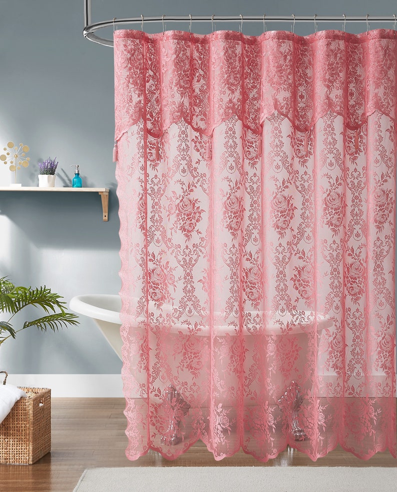 Lace Shower Curtain with Attached Valance & Tassels in 6 Colors and 4 Sizes: Standard, Long, Extra Wide Shower Curtain, Stall Shower Curtain Blush Pink