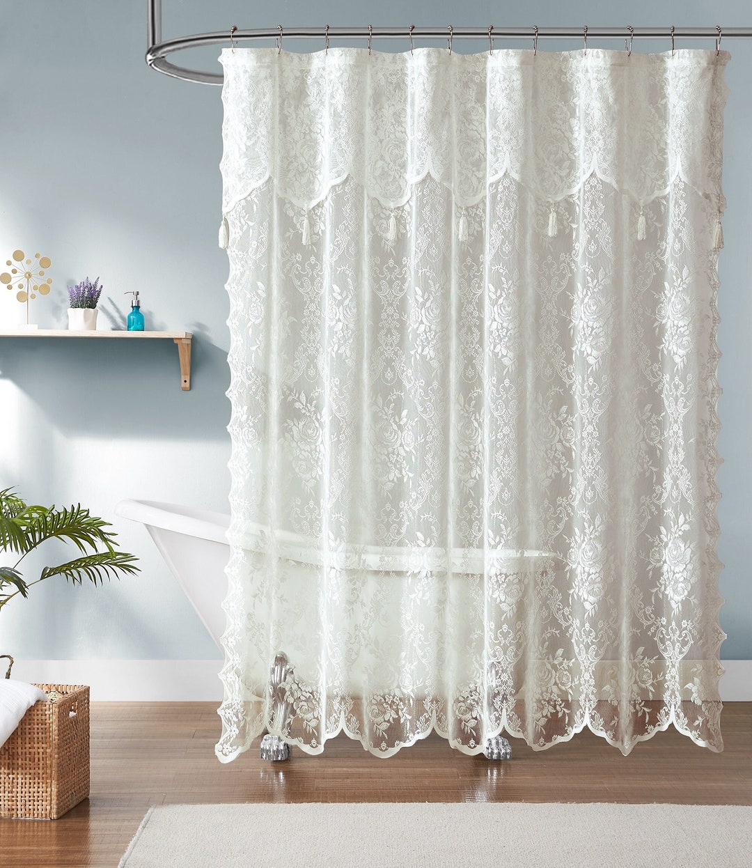 Lace Shower Curtain With Attached Valance & Tassels in 6 Colors and 4
