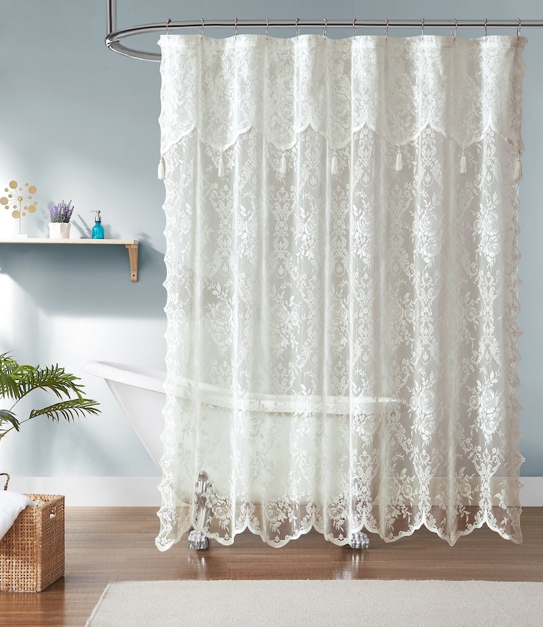 Lace Shower Curtain with Attached Valance & Tassels in 6 Colors and 4 Sizes: Standard, Long, Extra Wide Shower Curtain, Stall Shower Curtain Ivory