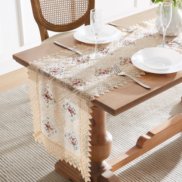 Luxury Lace Table Runner. Table Runner is Embroidered with Intricate Flower Design. Can Be Used As Dresser Scarf or Dining Table Runner.