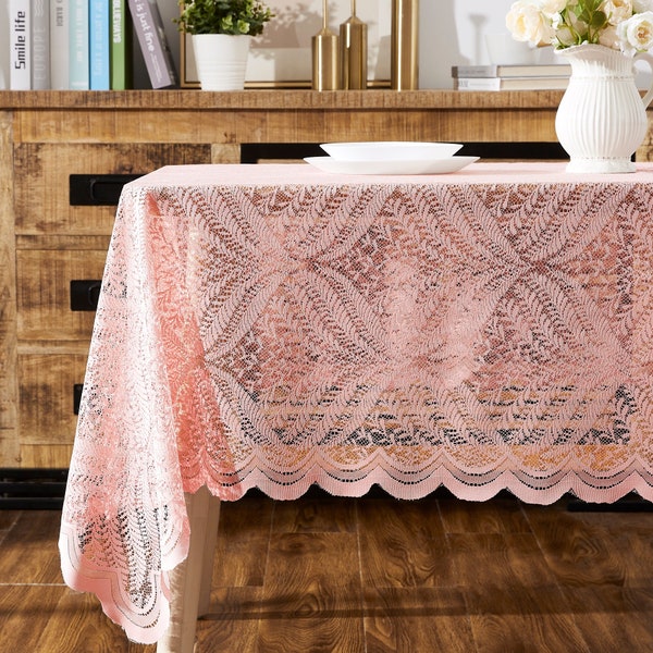 Boho Tablecloth with Leaf Design. Rectangle Tablecloth in 72, 84 & 104 Inch Sizes. Lace Tablecloth Come in Black, Pink, Linen, White Colors.