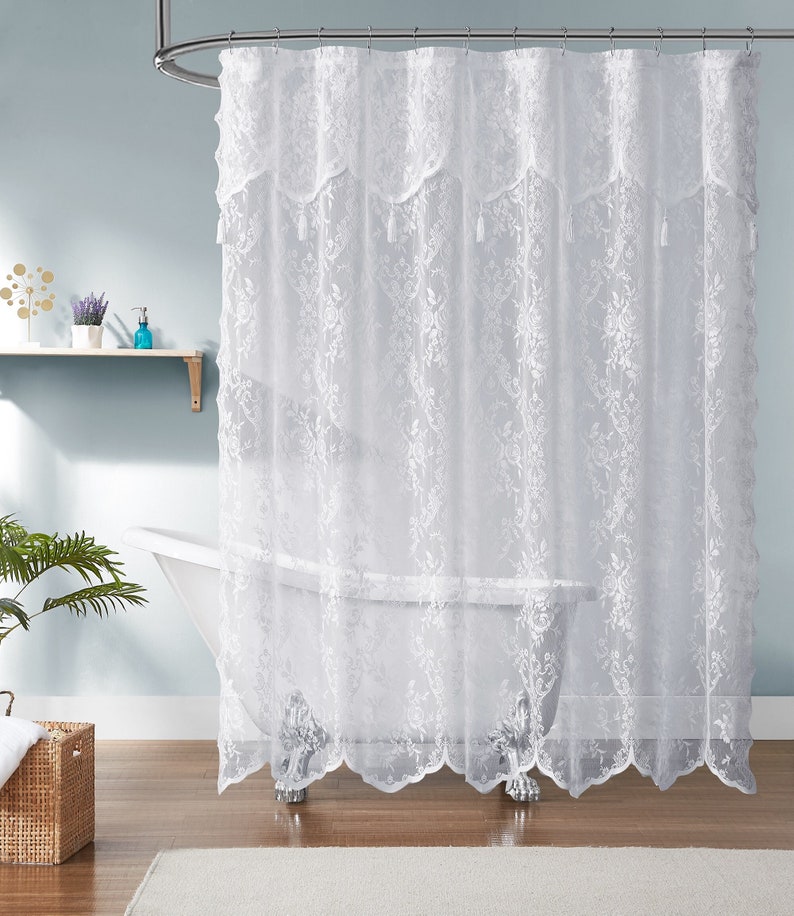 Lace Shower Curtain with Attached Valance & Tassels in 6 Colors and 4 Sizes: Standard, Long, Extra Wide Shower Curtain, Stall Shower Curtain White