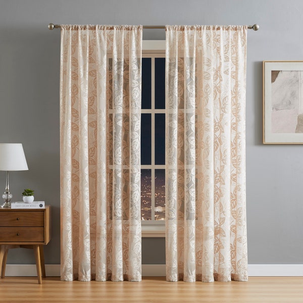 Leaf Lace Curtains for Leaves Room Decor. Leaf Embroidered Curtains are Perfect as Vintage Curtains, Shabby Chic Curtains or Leaf Curtains.