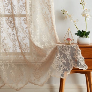 2 Semi Sheer Lace Curtains. Attached Valance & 6 Tassels on Each Panel ...