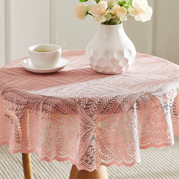 Boho Tablecloth with Leaf Design. Round Tablecloth in 36, 70 & 90 Inch Sizes. Lace Tablecloth Come in Black, Pink, Linen and White Colors.