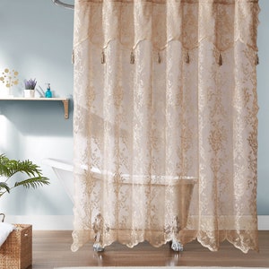 Lace Shower Curtain with Attached Valance & Tassels in 6 Colors and 4 Sizes: Standard, Long, Extra Wide Shower Curtain, Stall Shower Curtain Golden Linen