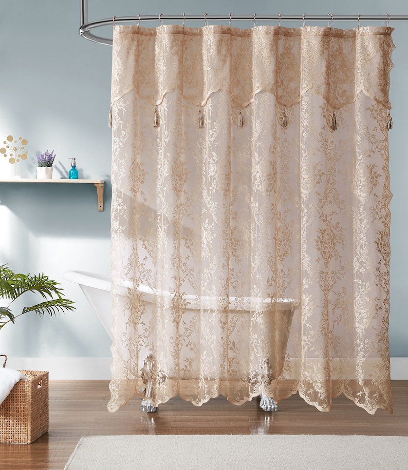 Lace Shower Curtain with Attached Valance & Tassels in 6 Colors and 4 Sizes: Standard, Long, Extra Wide Shower Curtain, Stall Shower Curtain Golden Linen