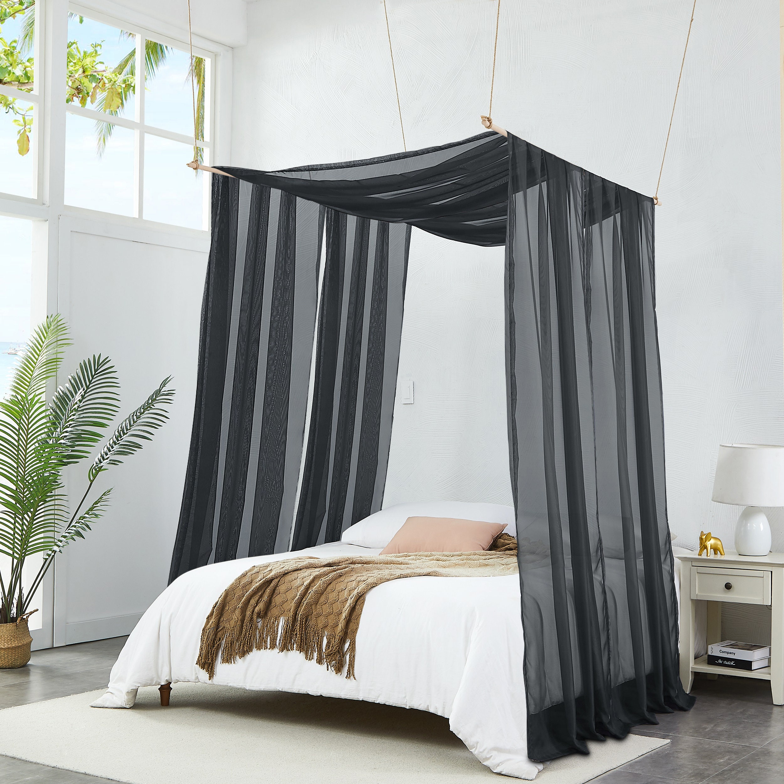 Black canopy bed on sale curtains