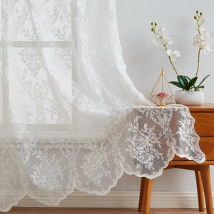 2 Semi Sheer Lace Curtains. Attached Valance & 6 Tassels on Each Panel ...