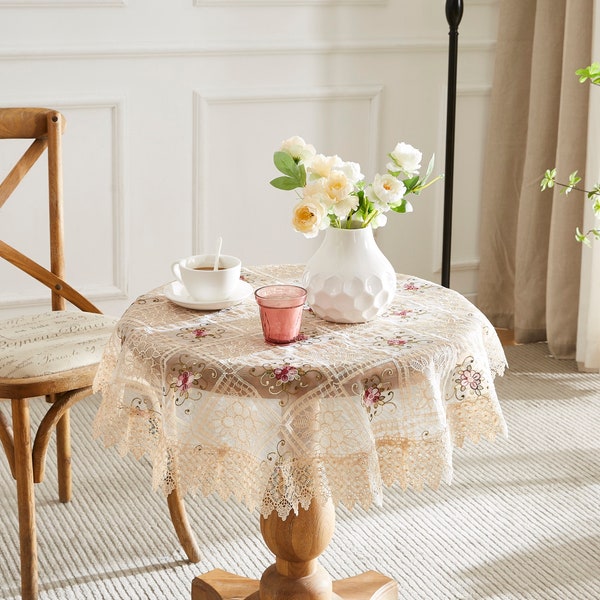 Luxury Lace Round Tablecloth or Lace Square Tablecloth in Linen and White & 3 Sizes. Use as Coffee Table Cloth, Dresser Cover, Table Topper