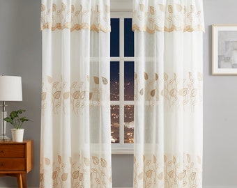 Vintage Curtains with Attached Valance. Leaf Embroidered Curtains are Farmhouse Curtains or French Country Curtains for Vintage Decor.