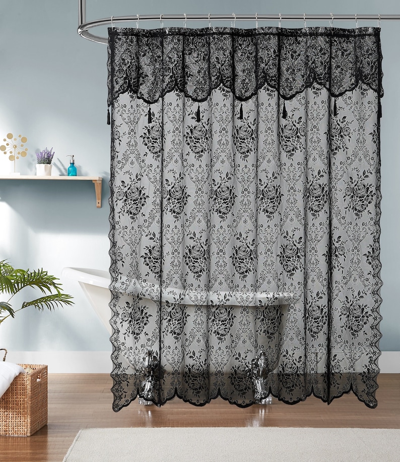 Lace Shower Curtain with Attached Valance & Tassels in 6 Colors and 4 Sizes: Standard, Long, Extra Wide Shower Curtain, Stall Shower Curtain Black
