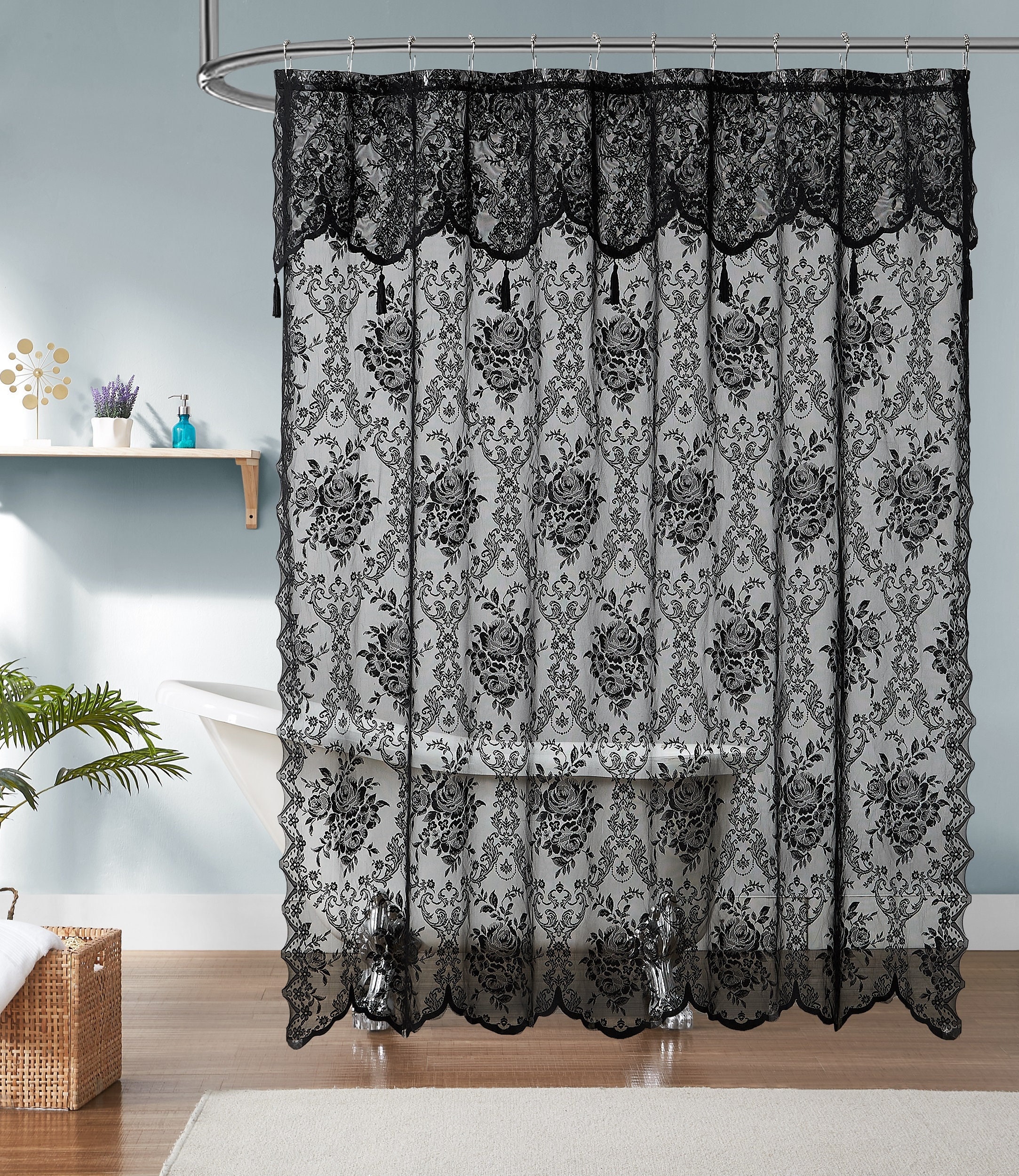 Lace Shower Curtain With Attached Valance Tassels in 4 Colors