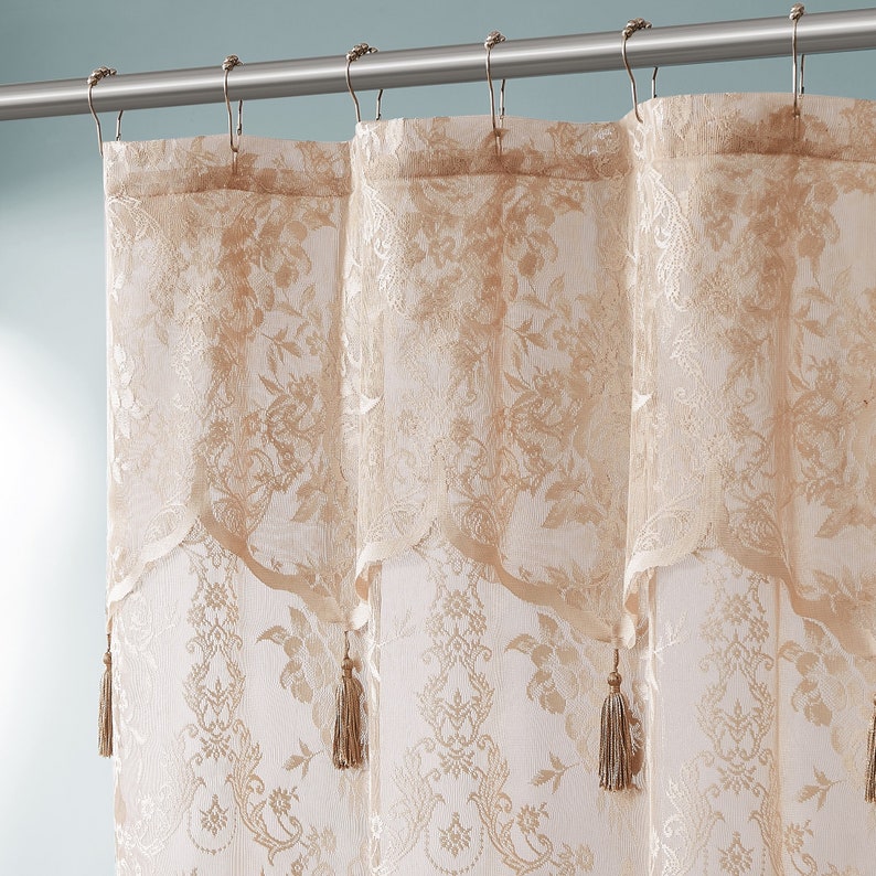 Lace Shower Curtain with Attached Valance & Tassels in 6 Colors and 4 Sizes: Standard, Long, Extra Wide Shower Curtain, Stall Shower Curtain image 8