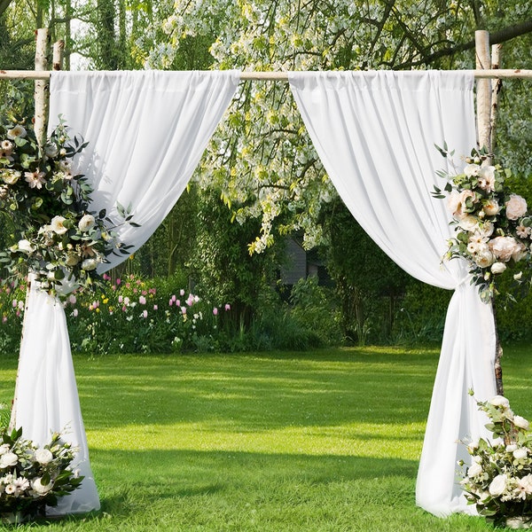 7 or 10 Feet Long White Backdrop Curtains. Chiffon Backdrop Curtains with 2 Tie-Backs. Perfect as Wedding Backdrop, or as Chiffon Curtains