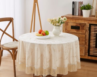 Velvet Round Tablecloth. Round Tablecloth from Printed Foil Velvet Fabric. Fringed Tablecloth is Great As Holiday Tablecloth.