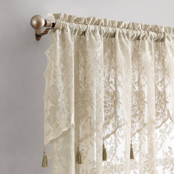 2 Semi Sheer Lace Curtains. Attached Valance & 6 Tassels on Each Panel.  Classic English Rose Design. Great Drapes for Living Room or Bedroom 