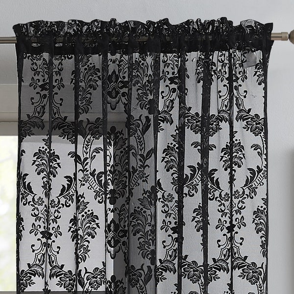 Pair of 2 Knitted Lace Curtains with Elegant Damask Pattern. Each Lace Curtain Panel is 63, 84 or 96 Inches. Sheer Curtains in 3 Colors