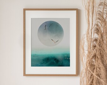 Vertical Bird Print, Coastal Print, Fine Art Print, Wall Art Prints, Bird Print, Water Print, Coastal Wall Art, Moon Art, Print