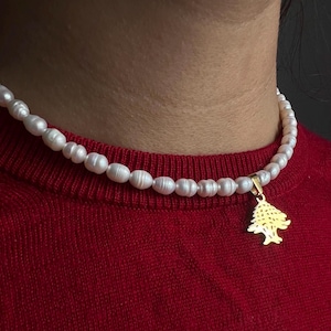 Lebanese Cedar Necklace – 18K Gold-Plated Lebanon Jewelry with Freshwater Pearls – Handmade Lebanon