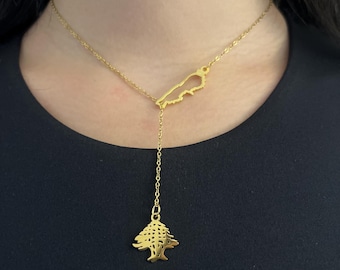 Collar con mapa del Líbano chapado en oro de 18 quilates y dije de cedro del Líbano / Regalo de joyería libanesa / Joyería con dijes libaneses / Collar libanés