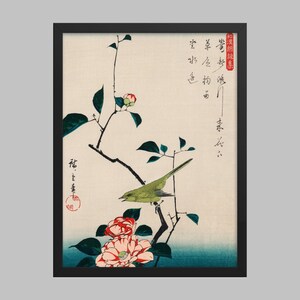 Ukiyo-e-illustrationen, Kamelia och Näktergalen, av Utagawa Hiroshige, även känd som Ando Hiroshige (1797-1858). (Tryck) Japansk konst