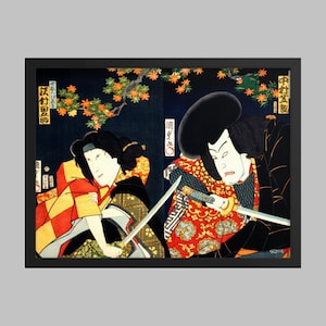 Porträt von zwei Schauspielern mit einem Samurai Schwert von Toyohara Kunichika (1835-1900) traditionelle japanische Kunst Ukyio-e (Druck)