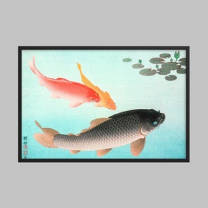 Carpe commune et carpe dorée Koi Fish (1935) par Ohara Koson. Art japonais (Estampe)