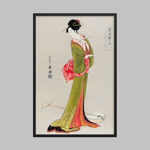 Japanese Woman in a Kimono and a Shamisen on the floor by Eishi Hosoda (1756-1829). Japanese Art (Print)