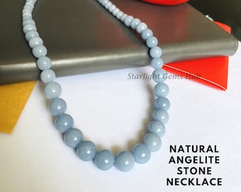 Angelit-Stein-Halskette, 6-10 mm glatter blauer Edelstein, 925-Verschluss