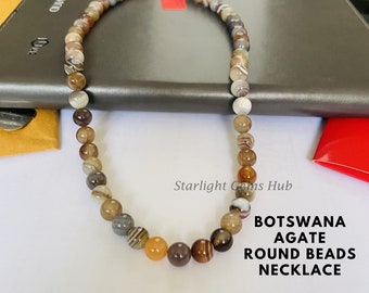 Genuine Botswana agate beads necklace-8MM Smooth round gemstone jewelry-925 Sterling silver-semi precious stone-Elegant Jewelry-Gifts Ideas