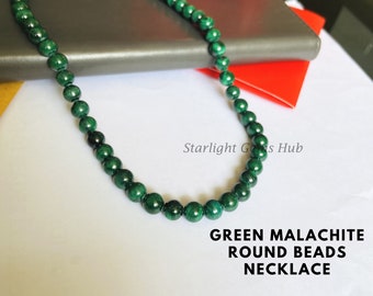 8mm Green Malachite Gemstone Bead Necklace – 18" Round Ball Chain, Silver Plated