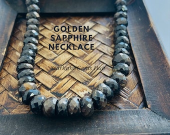 Golden Sapphire Beaded Necklace, Faceted Rondell Gemstone Jewelry