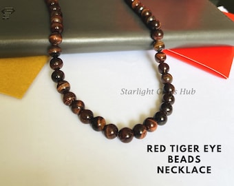 Pure red tiger eye gemstone necklace-8.5MM Smooth round chunky beads jewelry-Birthstone jewelry-Dual shade stone-Best Anniversary gifts