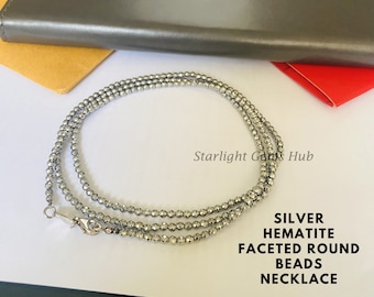 Collar de hematita de plata, piedra preciosa redonda facetada de 3 mm, joyería curativa