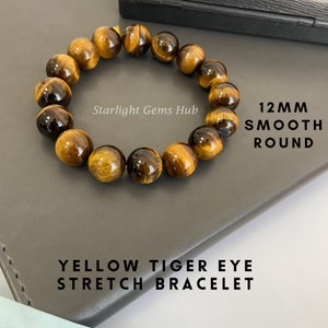 Genuine Yellow tiger eye beaded bracelet-12MM Shinning smooth round gemstone bracelet-large Gemstone stretchable bracelet-Special Gift Ideas