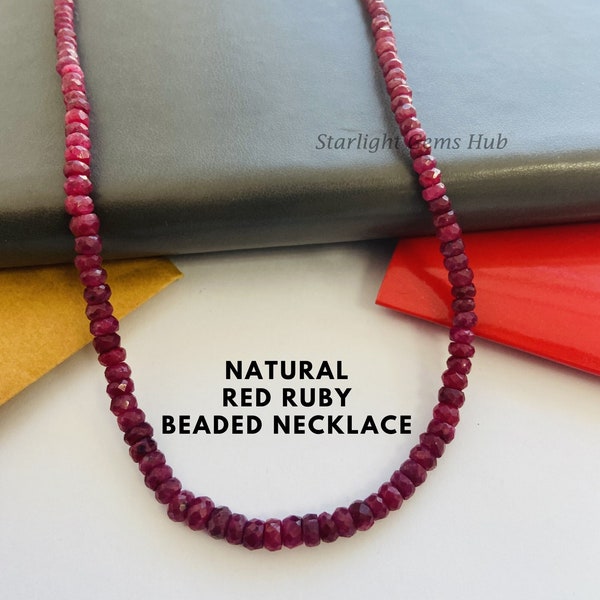 Precious ruby stone necklace-AAA 4MM-5MM faceted rondelle ruby gemstone necklace-925 sterling silver-Valentine day gifts for her/him